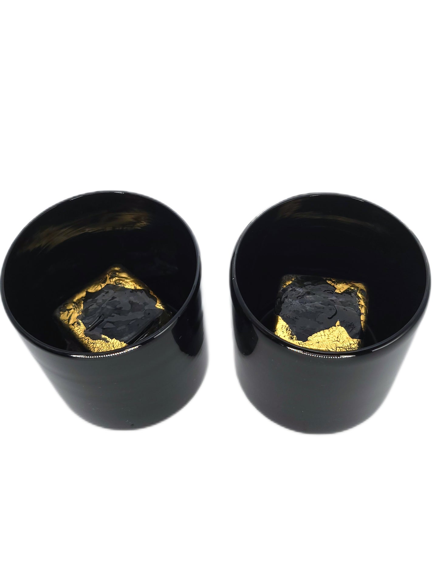 Black Whiskey Glass Set of 2 with 24k Double Thick Gold Leaf Cube