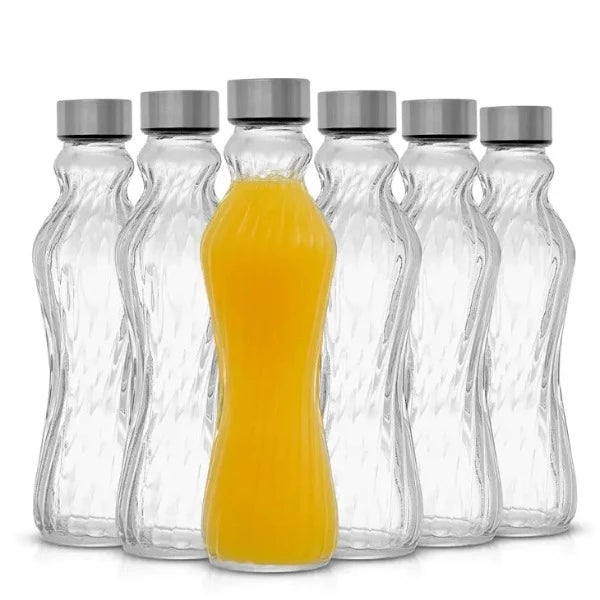 Fluted Glass Water Bottles with Stainless Steel Caps, Set of 6